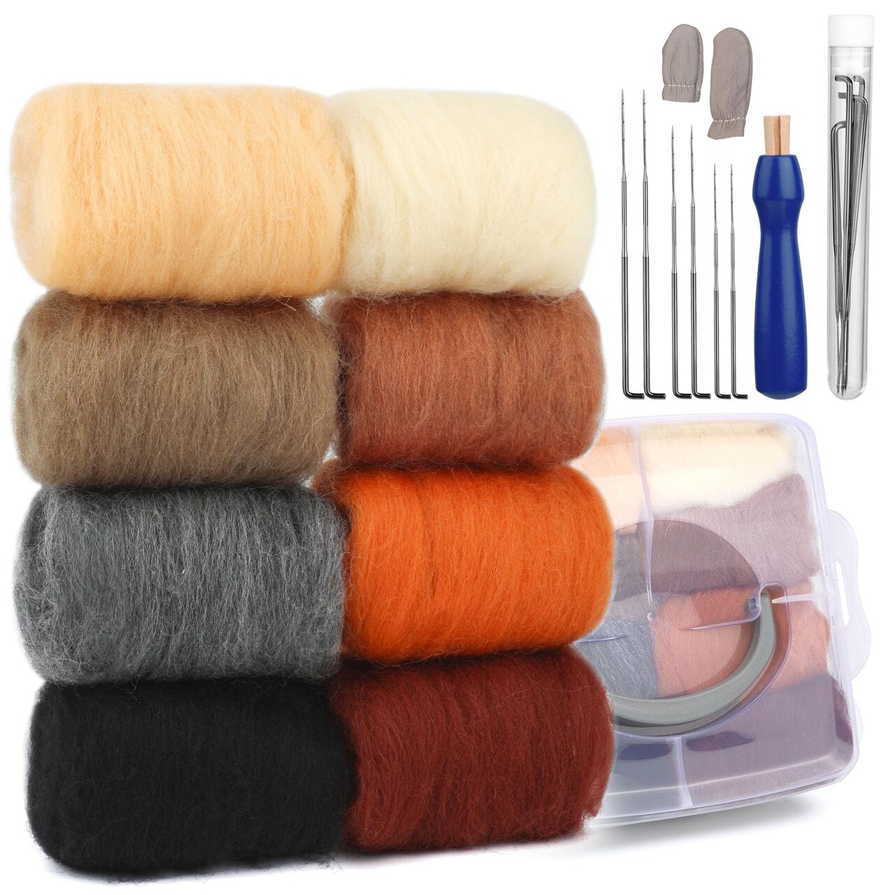 8 Pieces Needle Felting Kit, Needle Felting Starter Kit, 8 Colors Wool Roving for Needle Felting, Fibre Wool Yarn Roving with Plastic Storage Box, Wool Felt Tools with Felting Needles (Dark)